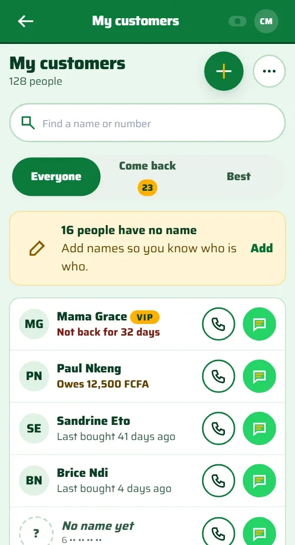 My customers in the app: a call button and a WhatsApp button on every row.