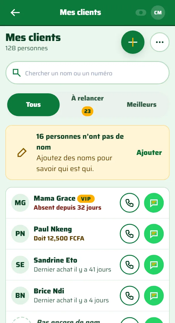 Mes clients dans l'application : un bouton d'appel et un bouton WhatsApp sur chaque ligne.