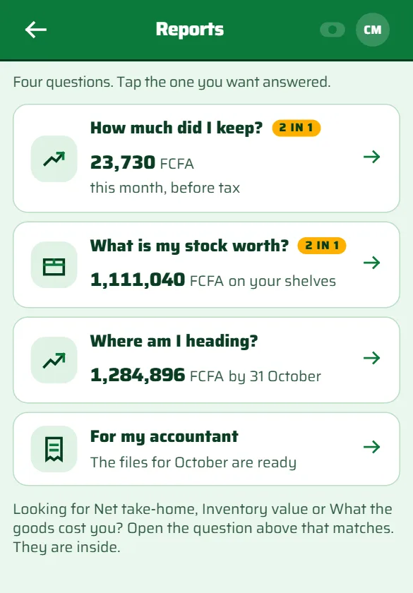 Reports in the app: how much did I keep this month before tax, what is my stock worth, where am I heading.