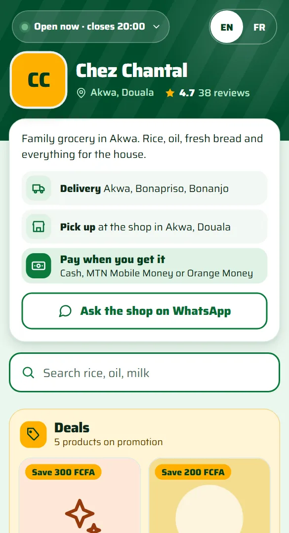 The online shop of a made-up business, Chez Chantal: delivery, pick up, pay when you get it, and a WhatsApp button.