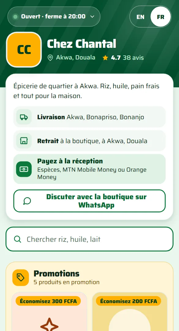 La boutique en ligne d'un commerce inventé, Chez Chantal : livraison, retrait, paiement à la réception, et un bouton WhatsApp.